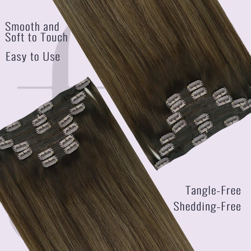 Fshine Clip in Hair Extensions Real Human Hair, Balayage Darkest Brown to Chestnut Brown, 18 inch 120 g 7pieces Clip in Extensions, Straight Natural Remy Lace Double Weft, for Women Ladies and Girls - Image 3